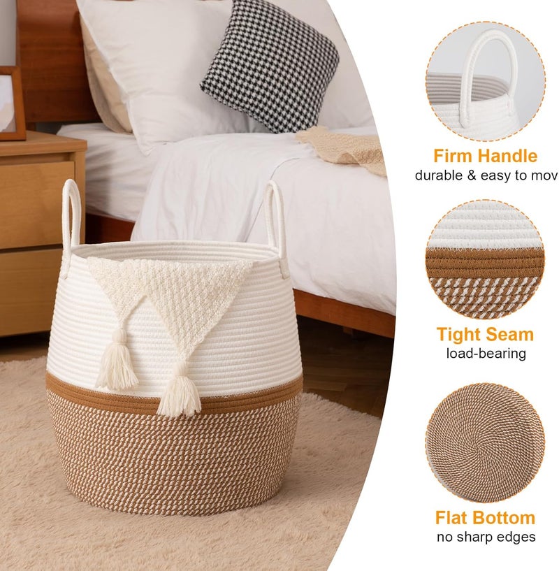 OIAHOMY 60L Blanket Basket with Handle Storage Basket for Living Room Laundry Hamper for Clothes Towels Pillows Toy Storage for Kids and Dogs Baby Hamper for Nursery  Brown  White - Image 3
