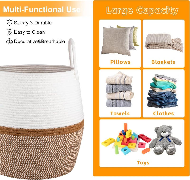 OIAHOMY 60L Blanket Basket with Handle Storage Basket for Living Room Laundry Hamper for Clothes Towels Pillows Toy Storage for Kids and Dogs Baby Hamper for Nursery  Brown  White - Image 5