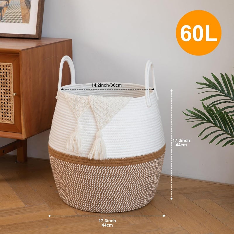 OIAHOMY 60L Blanket Basket with Handle Storage Basket for Living Room Laundry Hamper for Clothes Towels Pillows Toy Storage for Kids and Dogs Baby Hamper for Nursery  Brown  White - Image 2