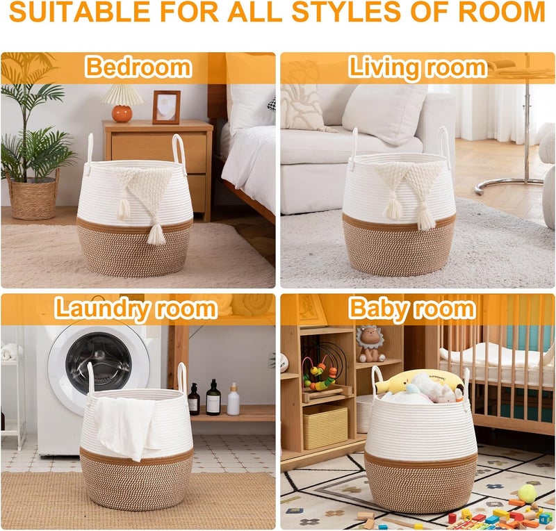 OIAHOMY 60L Blanket Basket with Handle Storage Basket for Living Room Laundry Hamper for Clothes Towels Pillows Toy Storage for Kids and Dogs Baby Hamper for Nursery  Brown  White - Image 4