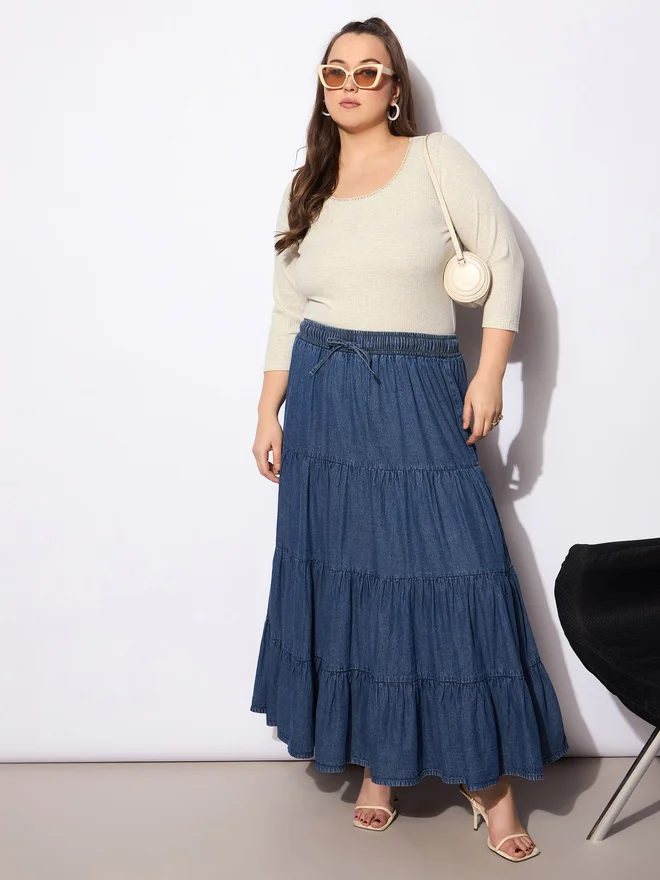 SASSAFRAS Sassafras Plus Size A-Line Tiered Maxi Skirt with Drawstring