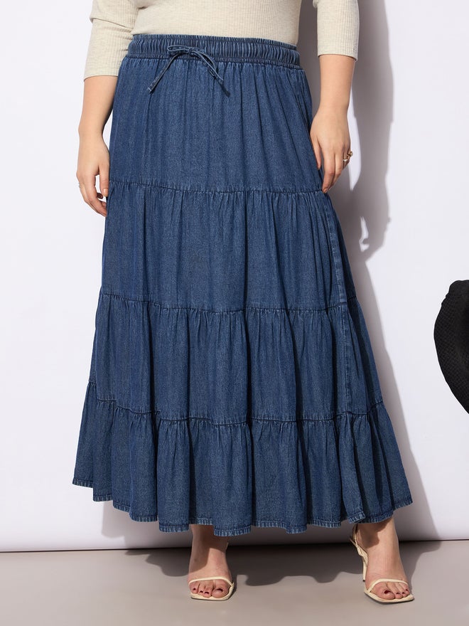 SASSAFRAS Plus Size A-Line Tiered Maxi Skirt with Drawstring - Image 1