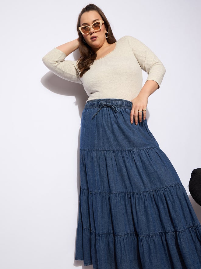 SASSAFRAS Plus Size A-Line Tiered Maxi Skirt with Drawstring - Image 2