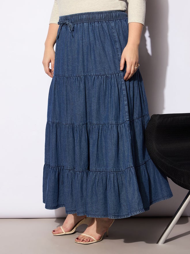 SASSAFRAS Plus Size A-Line Tiered Maxi Skirt with Drawstring - Image 3