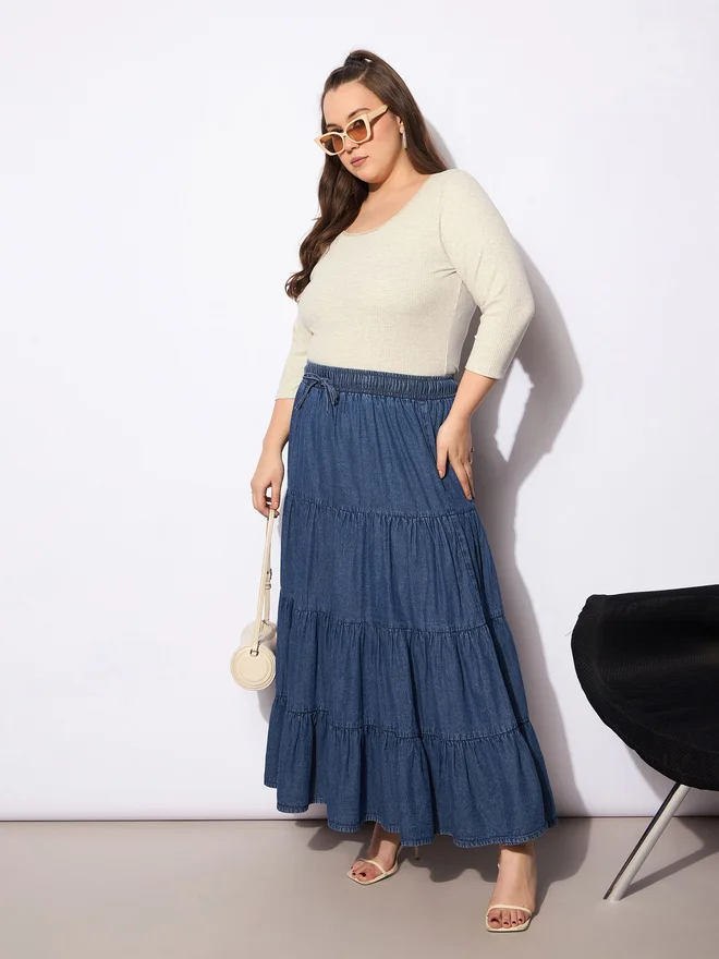 SASSAFRAS Sassafras Plus Size A-Line Tiered Maxi Skirt with Drawstring