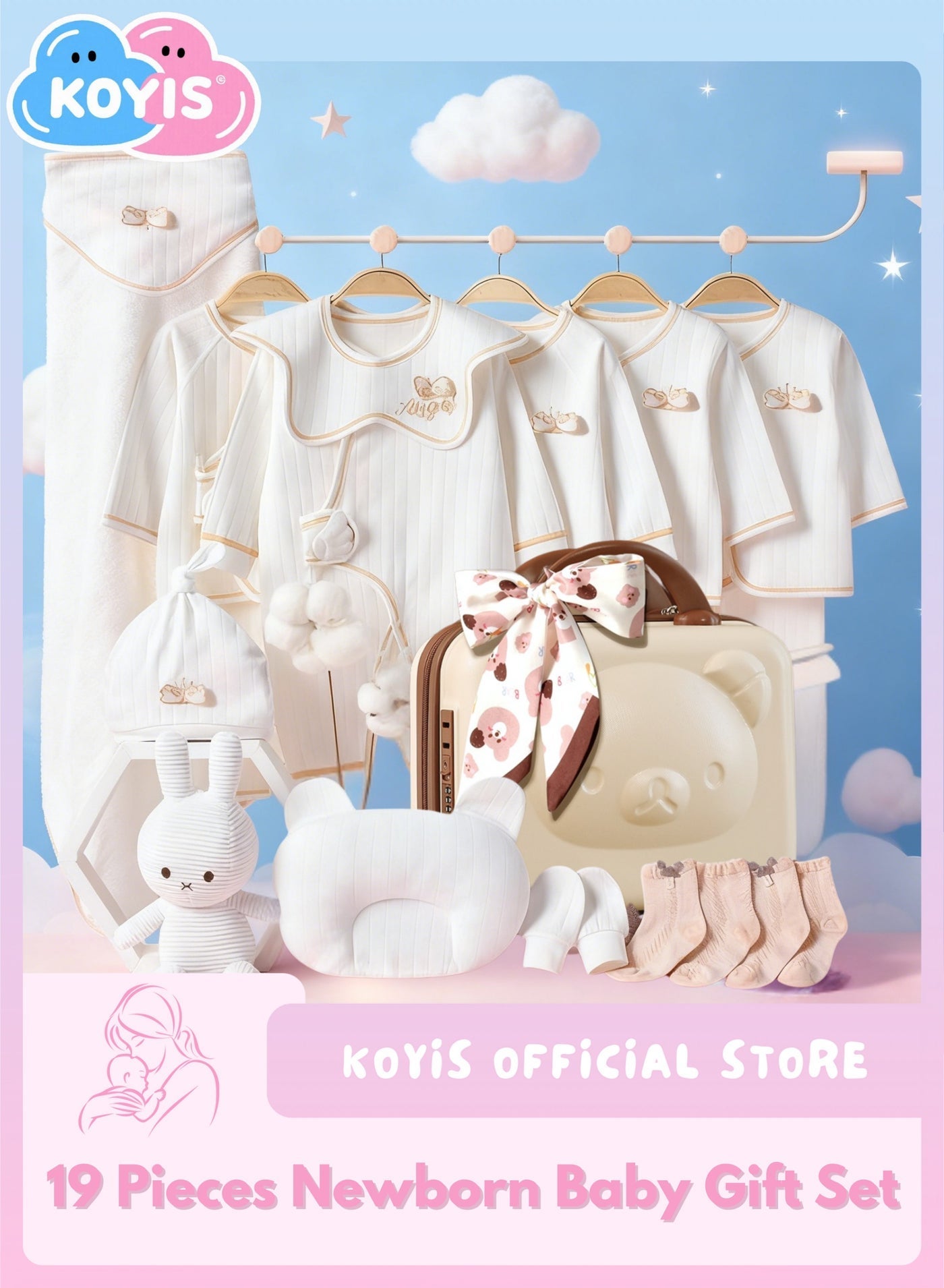 19 PCS Baby Layette Gift Set Suitcase - Newborn Gift Set, Baby Clothes Accessories Hat Socks Pillow Blanket Toy, Premium Cotton & Cloth, 0-3 Months - Angel