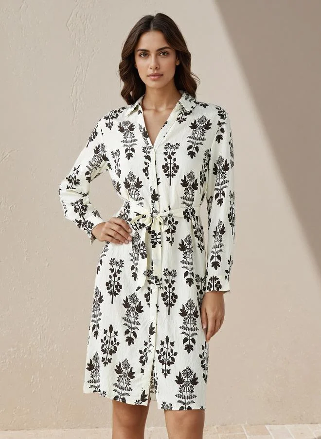 Splash FAV Knee Length Shirt Belted Dress with Floral Print