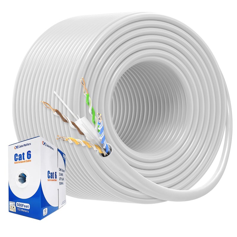 Cable Matters كابل ماترز [مدرج في UL] كابل إيثرنت Cat6 بموصل نحاسي عاري 23AWG بسرعة 10Gbps مصنف للتركيب في الجدران (CMR) - 500 قدم، بكرة كابل Cat 6، كابل Cat 6 بالجملة، أبيض - Image 1