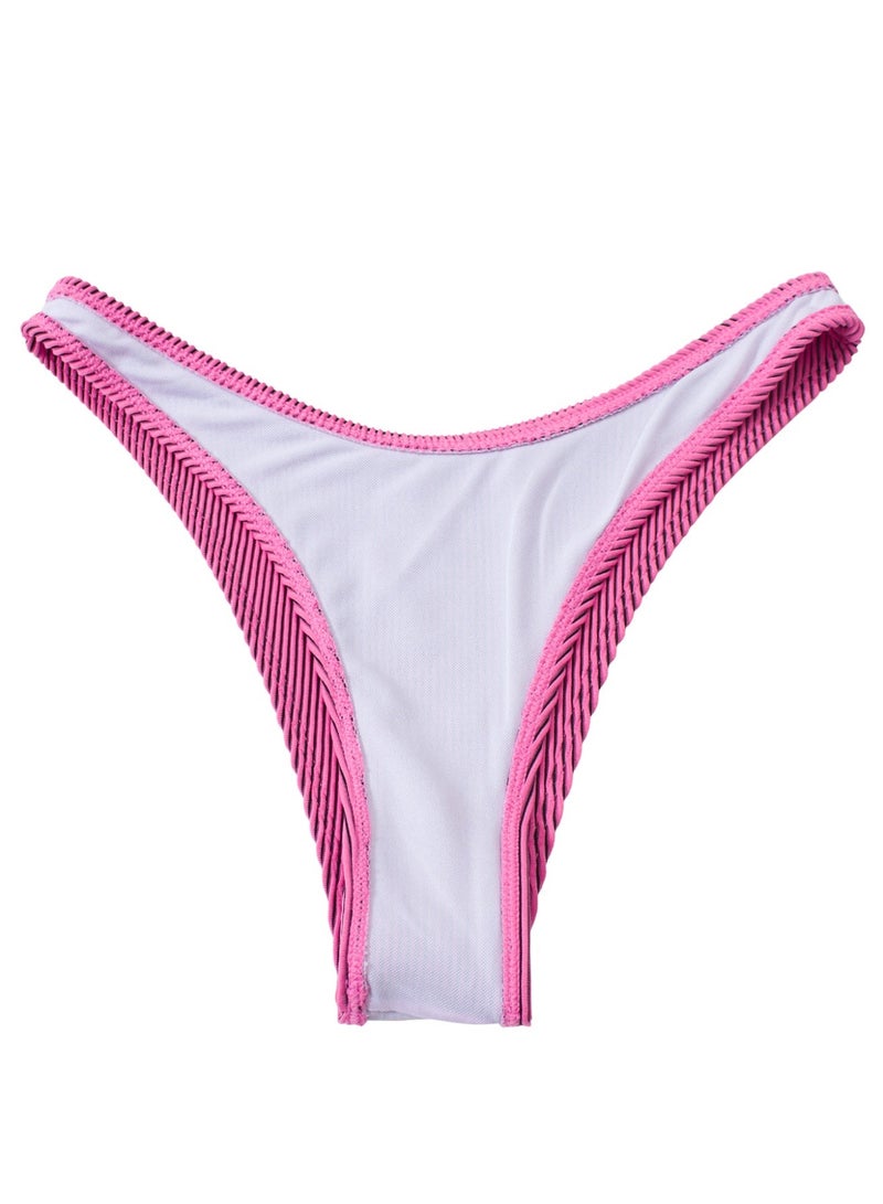Women's 3-Piece Ribbed Swimsuit Set, Pink Striped One-Shoulder Underwired Bikini with Bodycon Cover-Up Skirt - Image 4