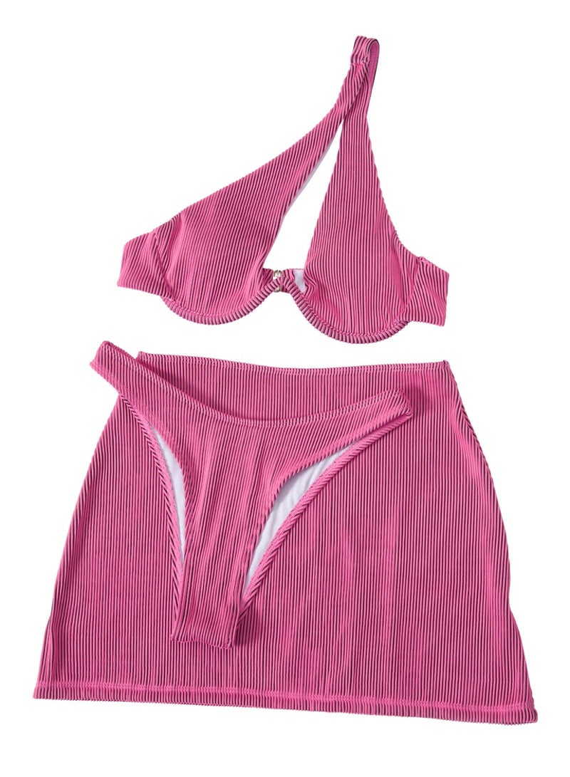 Women's 3-Piece Ribbed Swimsuit Set, Pink Striped One-Shoulder Underwired Bikini with Bodycon Cover-Up Skirt - Image 5