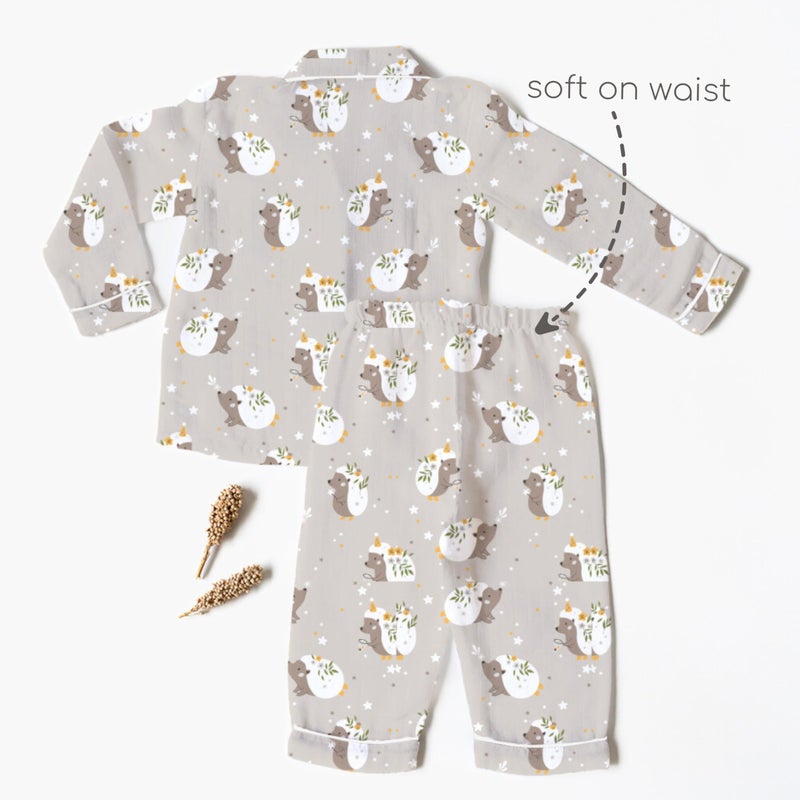 Cocoon Care 100% Bamboo Cotton Muslin Printed Night Suit for Babies - Hedgehog Blossoms Print Taupe - Image 2