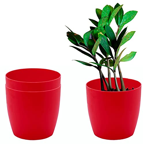 garbnoire Gardening Flower Pots - 4.4 Inch Plastic Flower Pots | Modern Decorative Indoor Outdoor Planters/Pots - Pack of (Red, 3) - Image 1