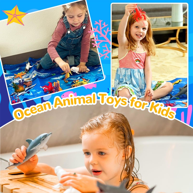GINMIC Kids Ocean Animals Toys with Large Play Mat , 18 Pack Assorted Realistic Sea Animal Toys with Carrier Bag Including Shark, Whale, Dolphin etc, for Toddler, Boys & Girls Ages 3-8 - Image 2