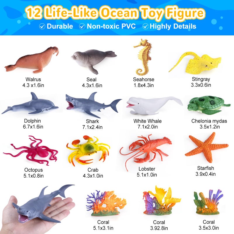 GINMIC Kids Ocean Animals Toys with Large Play Mat , 18 Pack Assorted Realistic Sea Animal Toys with Carrier Bag Including Shark, Whale, Dolphin etc, for Toddler, Boys & Girls Ages 3-8 - Image 3