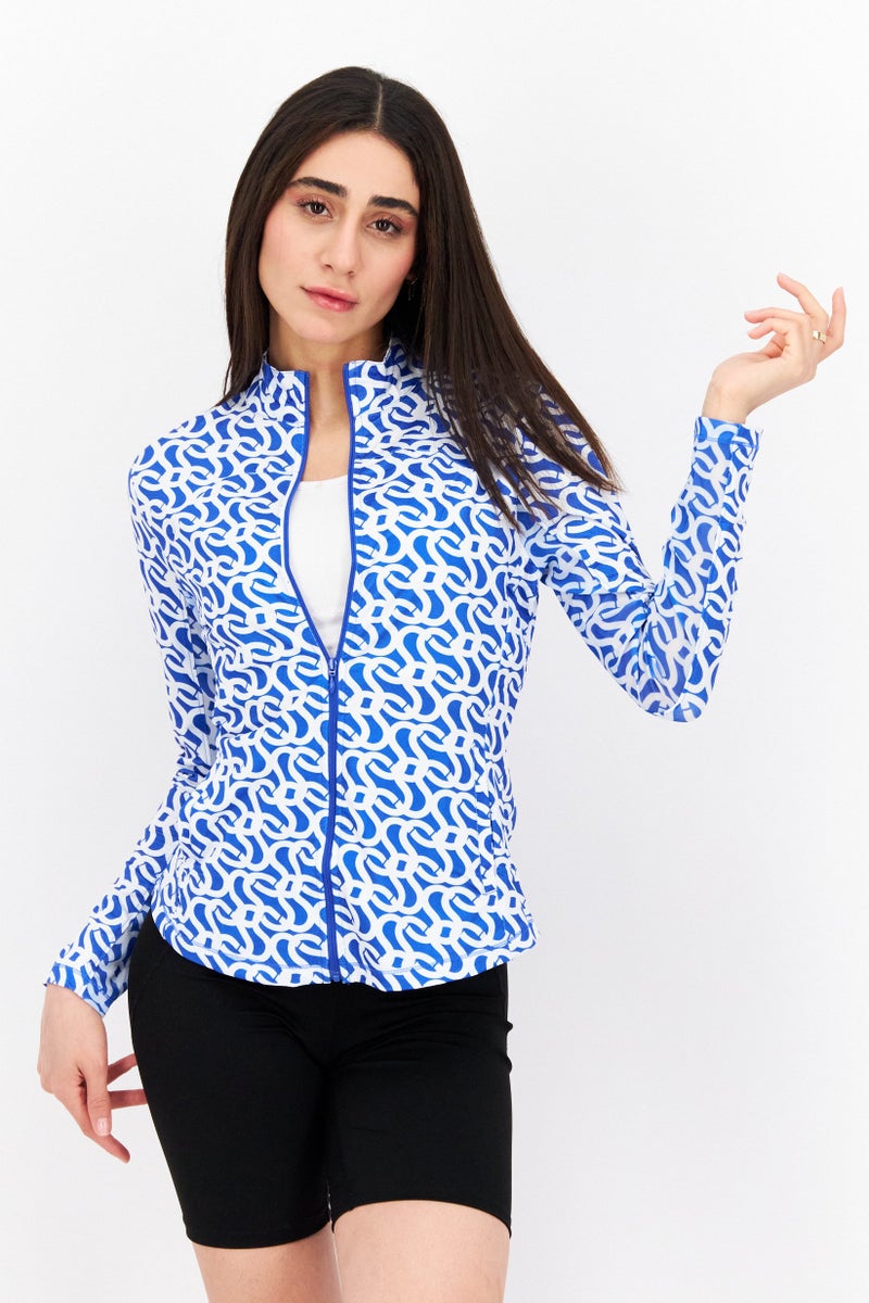 Gottex سترة رياضية نسائية بليزر بأكمام طويلة بسحاب أمامي، زرقاء/بيضاء - Image 1