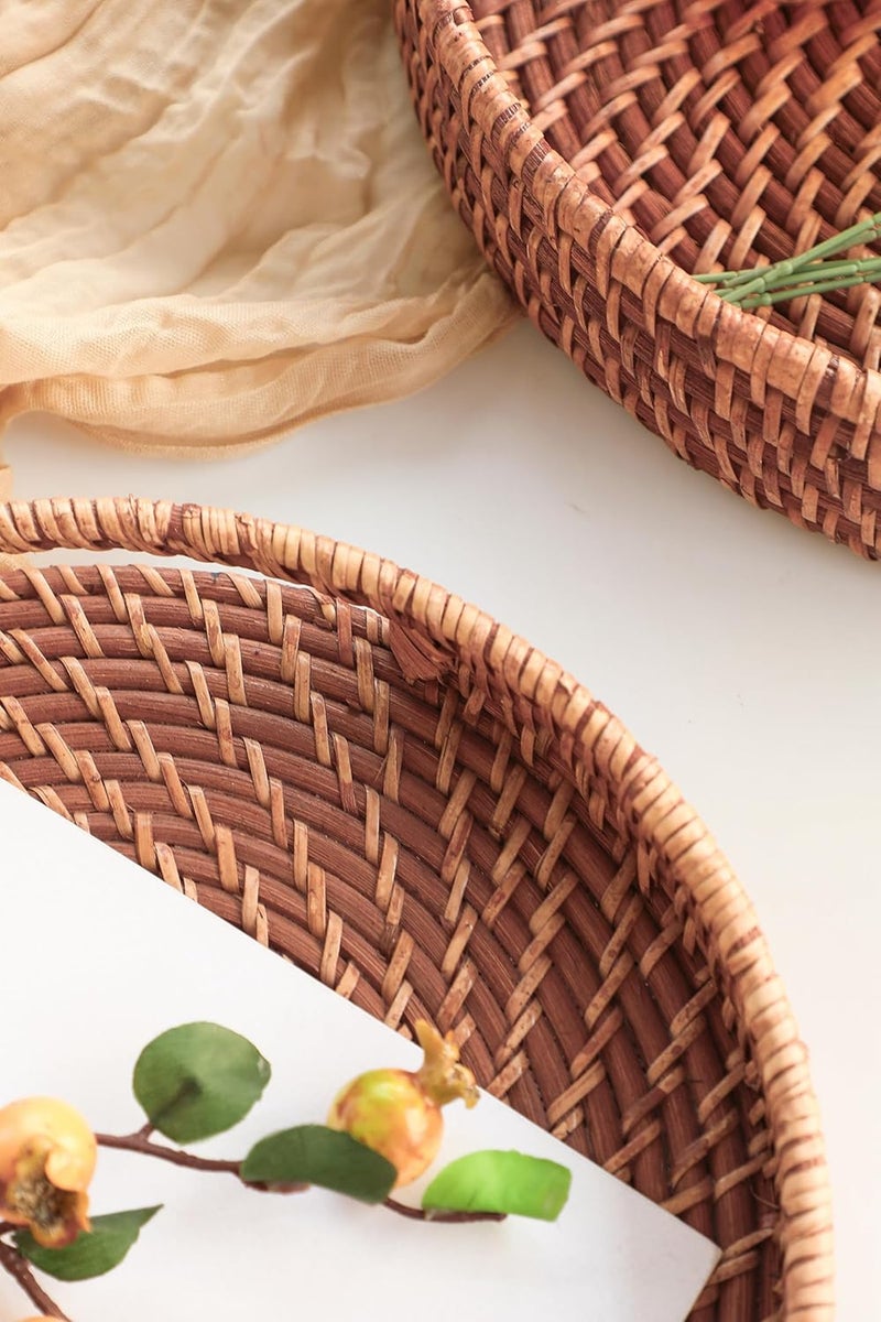 HITOMEN Hand-Woven Round Rattan Serving Tray Decorative Ottoman Wicker Platter with Handles for Coffee Table, Breakfast, Drinks, Snack, Bread, Fruit, Vegetables (Light Brown Set of 2: M+L) - Image 3