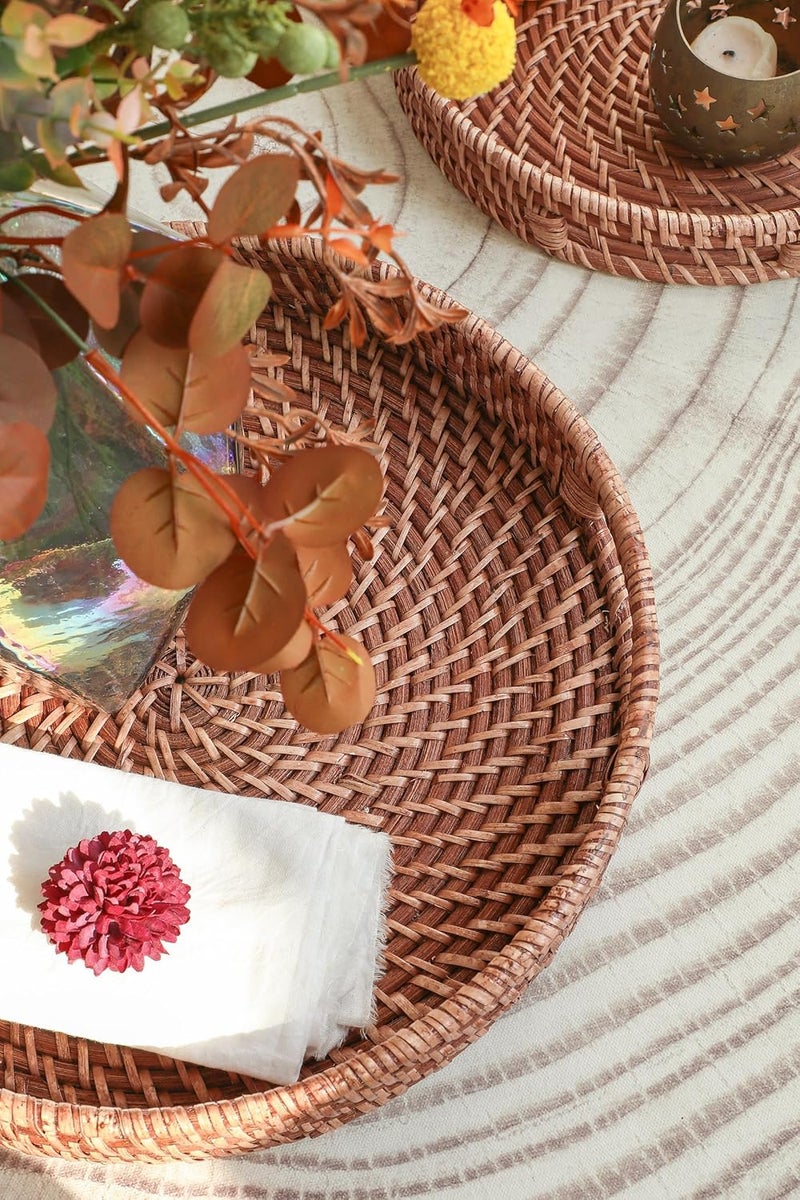HITOMEN Hand-Woven Round Rattan Serving Tray Decorative Ottoman Wicker Platter with Handles for Coffee Table, Breakfast, Drinks, Snack, Bread, Fruit, Vegetables (Light Brown Set of 2: M+L) - Image 5