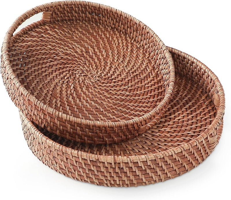 HITOMEN Hand-Woven Round Rattan Serving Tray Decorative Ottoman Wicker Platter with Handles for Coffee Table, Breakfast, Drinks, Snack, Bread, Fruit, Vegetables (Light Brown Set of 2: M+L) - Image 1