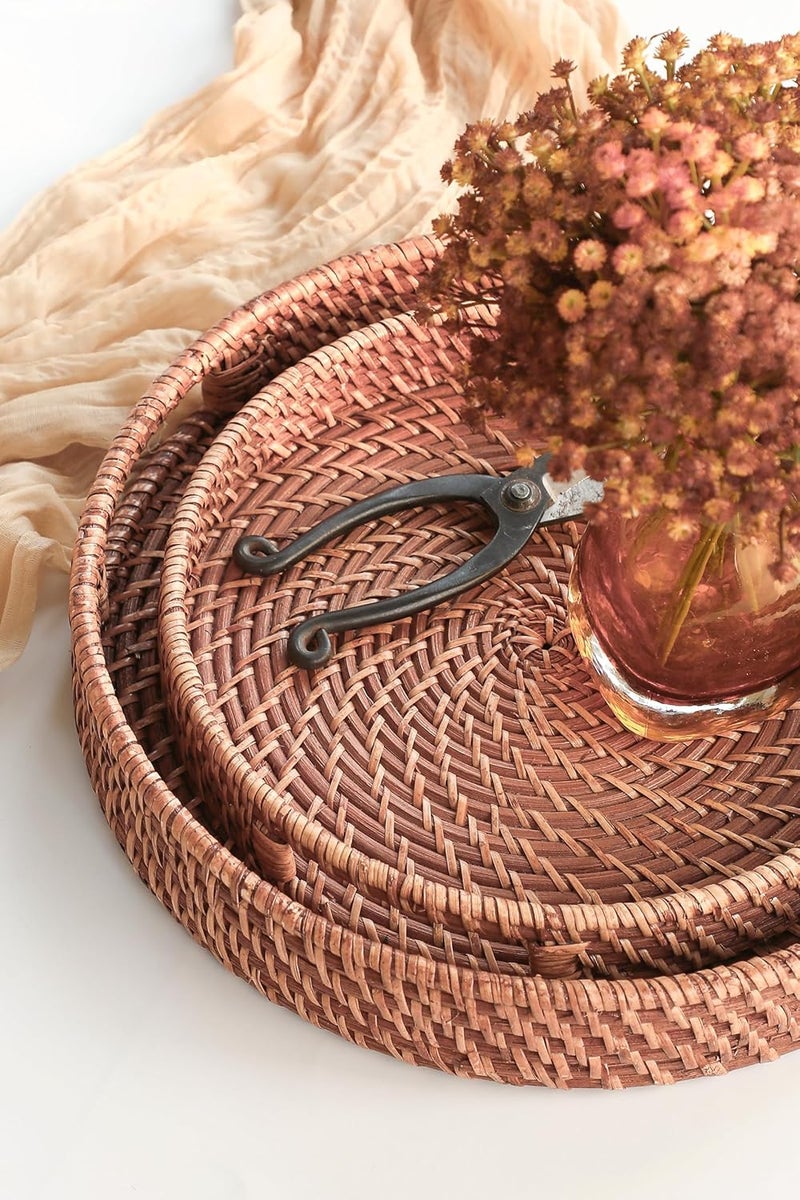 HITOMEN Hand-Woven Round Rattan Serving Tray Decorative Ottoman Wicker Platter with Handles for Coffee Table, Breakfast, Drinks, Snack, Bread, Fruit, Vegetables (Light Brown Set of 2: M+L) - Image 4