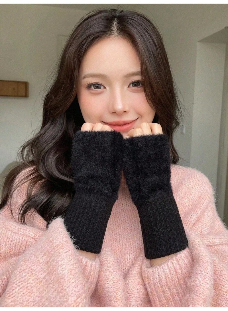 قفازات تدفئة اليد بدون أصابع، قطعتان من قفازات الشتاء الدافئة المصنوعة من الكشمير الناعم لون اسود - Image 1
