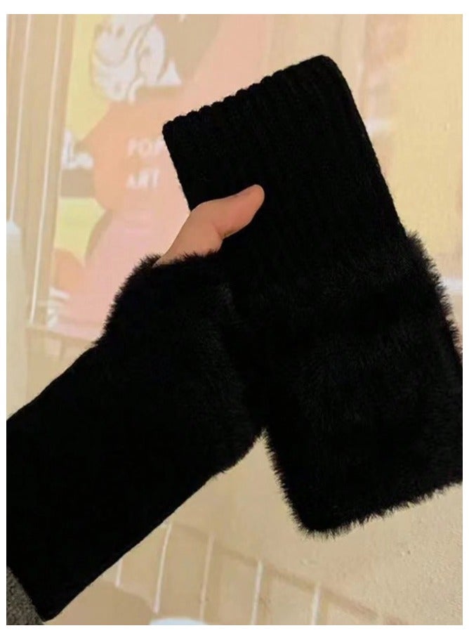 قفازات تدفئة اليد بدون أصابع، قطعتان من قفازات الشتاء الدافئة المصنوعة من الكشمير الناعم لون اسود - Image 4