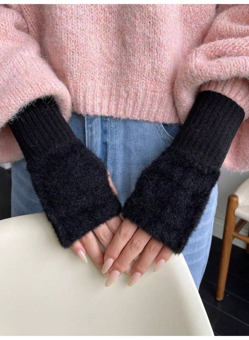 قفازات تدفئة اليد بدون أصابع، قطعتان من قفازات الشتاء الدافئة المصنوعة من الكشمير الناعم لون اسود - Image 5