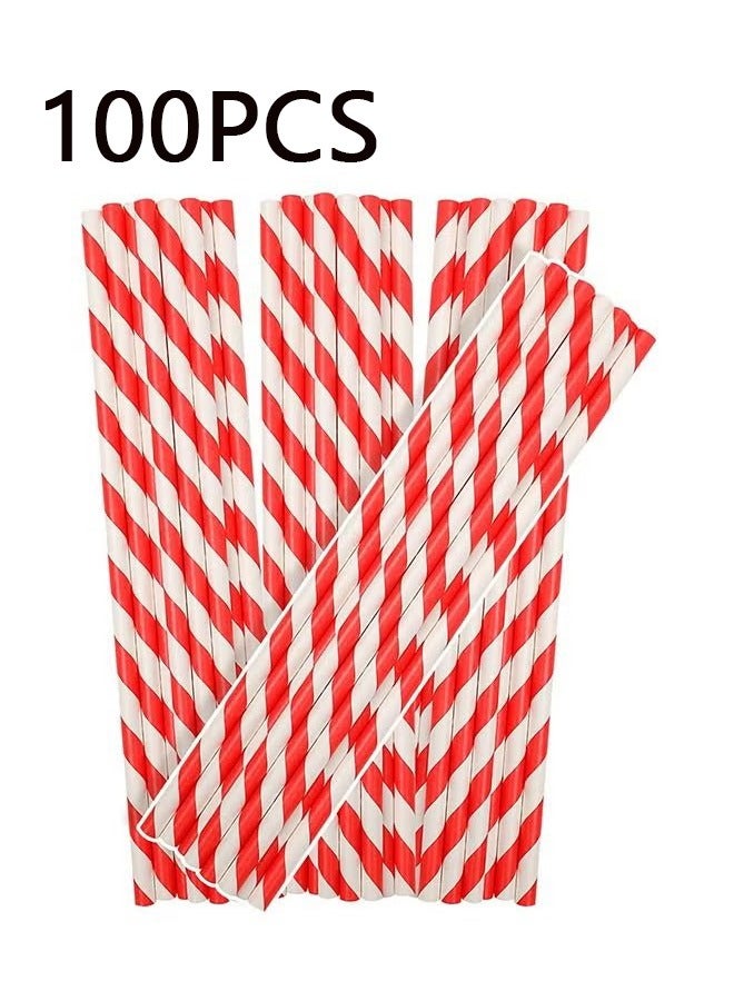 أخبار 100 قطعة من مصاصات الورق المخططة للاستخدام مرة واحدة، مصاصات ورقية مخططة باللون الأحمر لمشروبات العصائر والكوكتيلات - Image 1