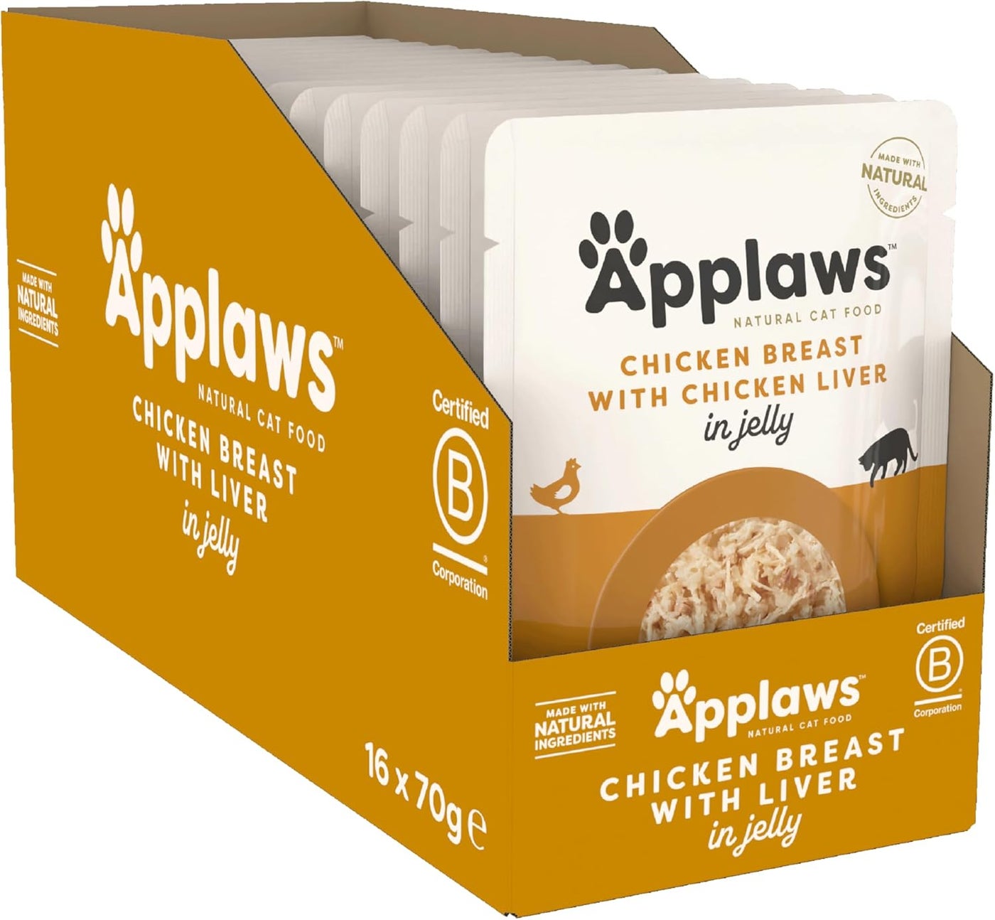 Applaws Natural Wet Food for Adult Cats Chicken and Liver in Jelly - 16 x 70g Pouches