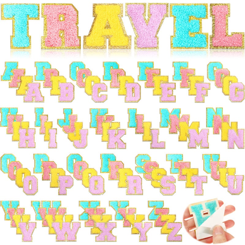 Jutom 104 Pcs Chenille Letter Patches Iron on Letters Patches Self Adhesive Chenille Embroidered Patch for ClothingClassicPurple Sky Blue Pink Yellow