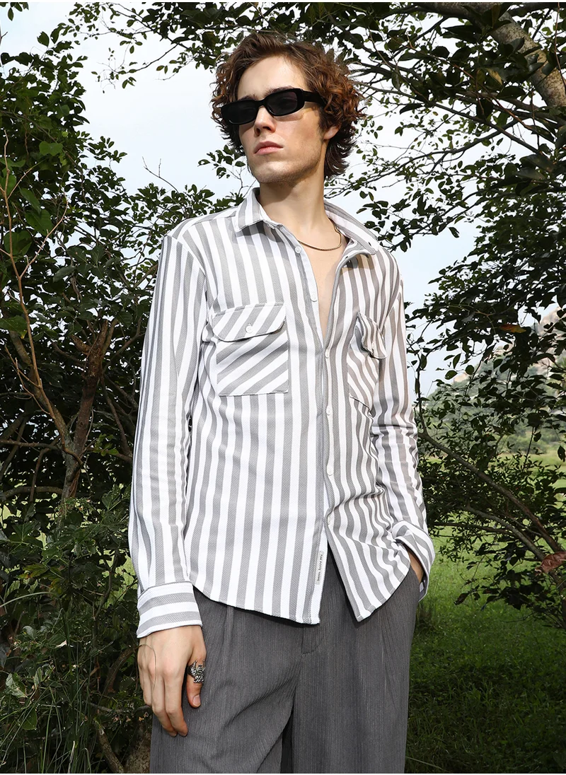 كامبوس سوترا Men's Coin Grey & Cream White Nautical-Stripe Utility Shirt
