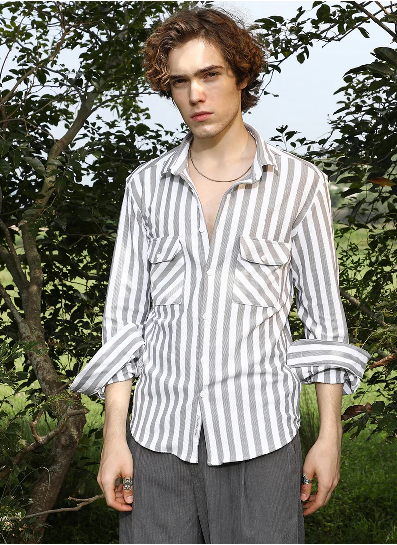 كامبوس سوترا Men's Coin Grey & Cream White Nautical-Stripe Utility Shirt
