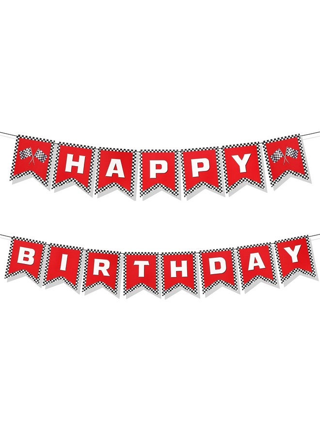 PEUTIER Race Car Happy Birthday Banner, Race Car Birthday Party Decorations Checkered Flags Black and White Racing Banner Let's Go Racing Checkered Flag Party Themed Party Supplies Decorations (Red) - Image 1