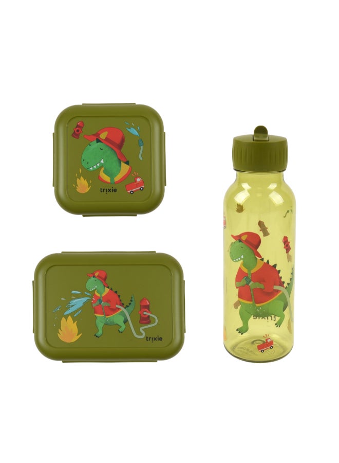 Trixie School Lunch Set of 3 - Leakproof Lunch Box With Clips + Leakproof Snack Box + 500ml Tritan Bottle - Mr. Dino - Image 1