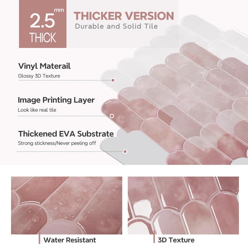 Vamos Tile 10-Sheet Backsplash Peel and Stick Tile, Pink Self Adhesive Vinyl Wall Tiles, Stick on Backsplash for Kitchen, Bathroom,RV (Thicker Design) - Image 3