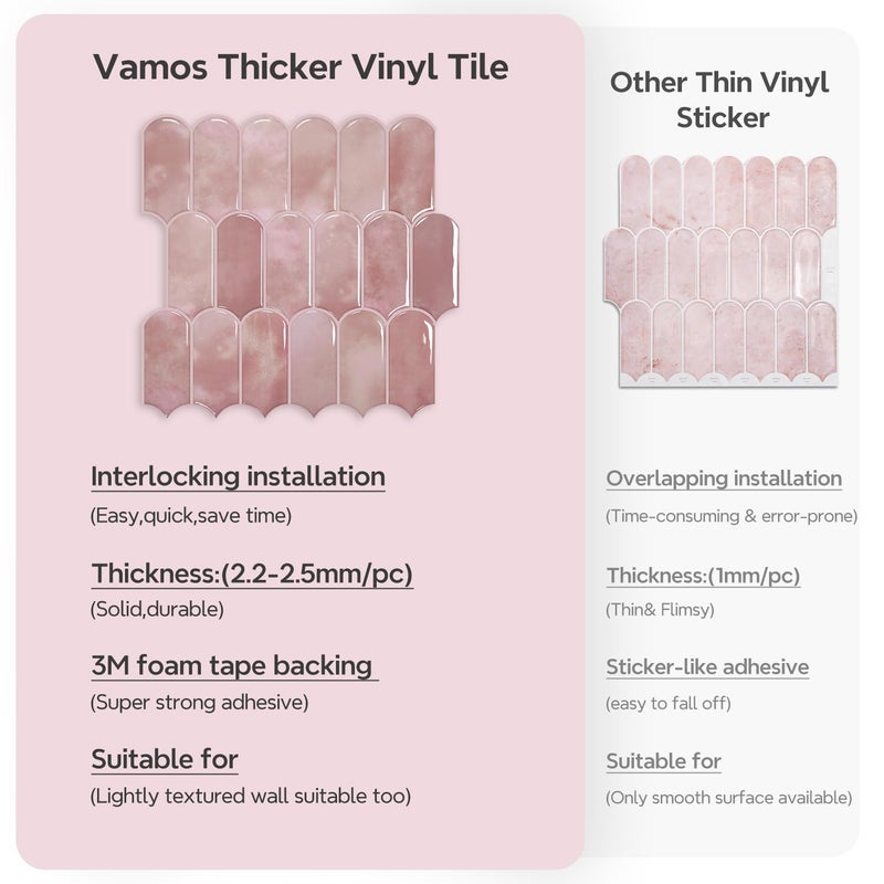 Vamos Tile 10-Sheet Backsplash Peel and Stick Tile, Pink Self Adhesive Vinyl Wall Tiles, Stick on Backsplash for Kitchen, Bathroom,RV (Thicker Design) - Image 5