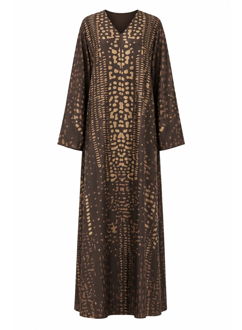 Amnad International Women's Premium Silk Feel Kaftan Abaya, Brown Gold Abstract Print with Matching Hijab, Sizes 52-60 inches