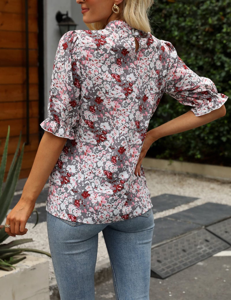 ZILIN Floral Tops for Women Short Sleeve Blouse Tops Ladies Casual Office Work Mock Neck Shirts - Image 2