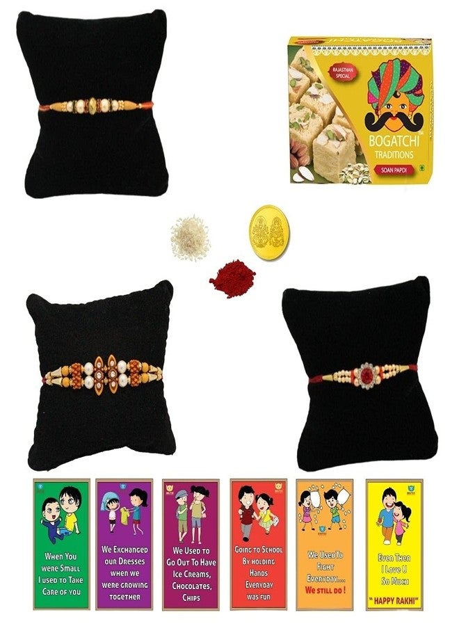 BOGATCHI Cultural Soan Papdi, Set of 3Rakhi, Rakhi with sweets for brother, Rakhi for brother with gift sweets Soan Papdi,200g +Roli Chawal+ Card +Gold Coin|RKSP-3-4