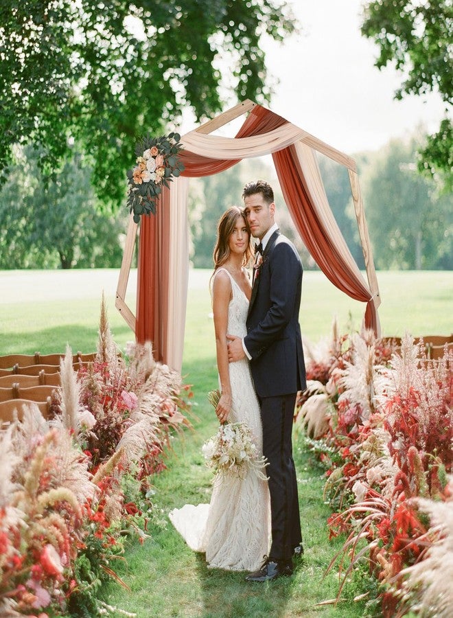 DearHouse 3 Panel Wedding Arch Draping Fabric,29.5" x18Ft Pearl Fabric Drapes for Wedding Sheer Backdrop (Champagne+Terracotta+Caramel) - Image 4