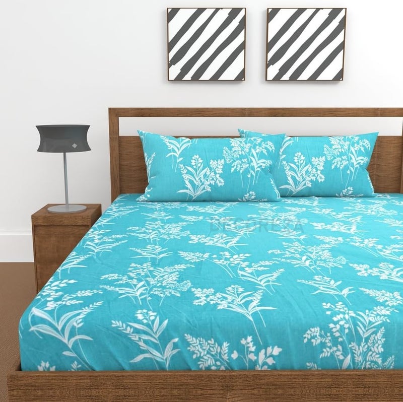 DECOREZA 300 TC All Around Cotton Floral Elastic Fitted Bedsheets King Size,Premium with Elastic Fitted Bedsheets for Double Bed with 2 Pillow Covers,Size 78" X 72"(Aquamarine Blue) - Image 3