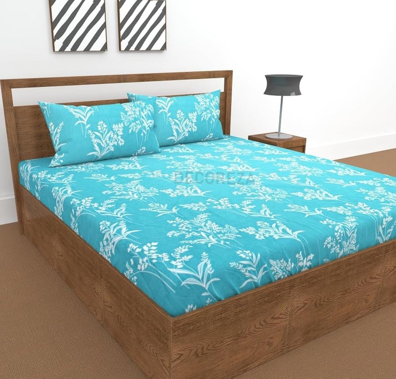DECOREZA 300 TC All Around Cotton Floral Elastic Fitted Bedsheets King Size,Premium with Elastic Fitted Bedsheets for Double Bed with 2 Pillow Covers,Size 78" X 72"(Aquamarine Blue) - Image 1
