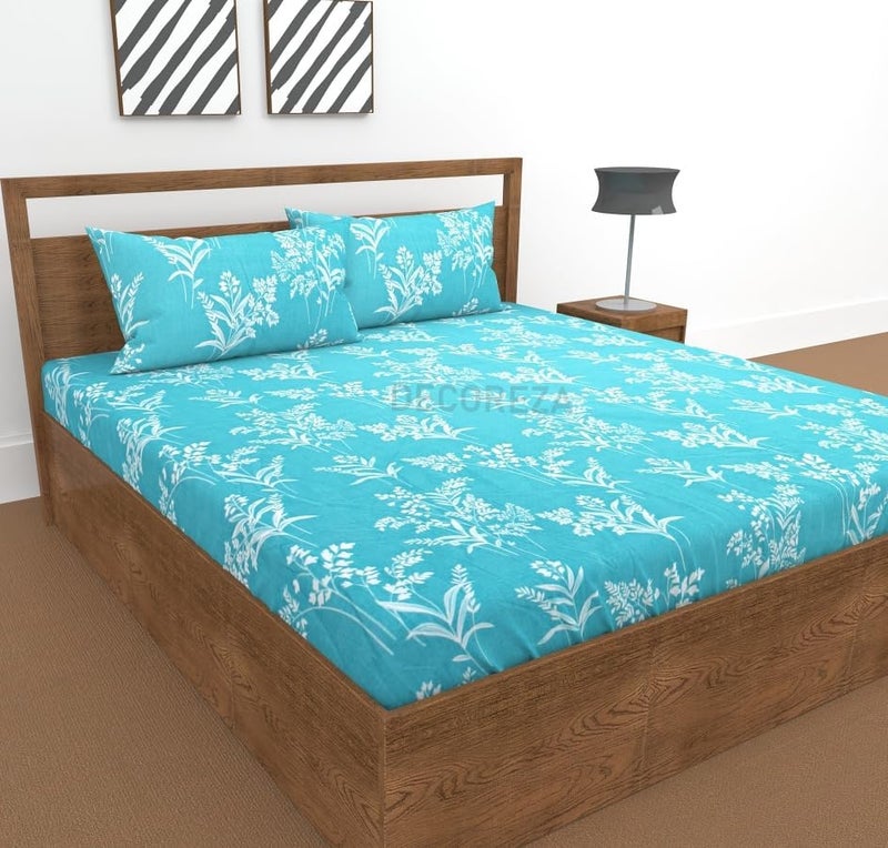 DECOREZA 300 TC All Around Cotton Floral Elastic Fitted Bedsheets King Size,Premium with Elastic Fitted Bedsheets for Double Bed with 2 Pillow Covers,Size 78" X 72"(Aquamarine Blue) - Image 2