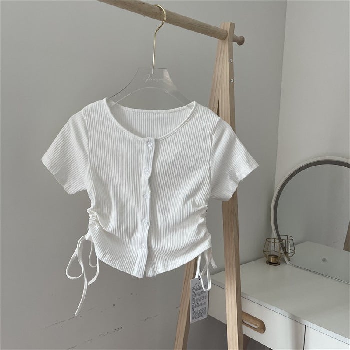 Women's threaded T-shirt summer new drawstring pleated short design sense niche small people wear top foreign trade women - Image 1