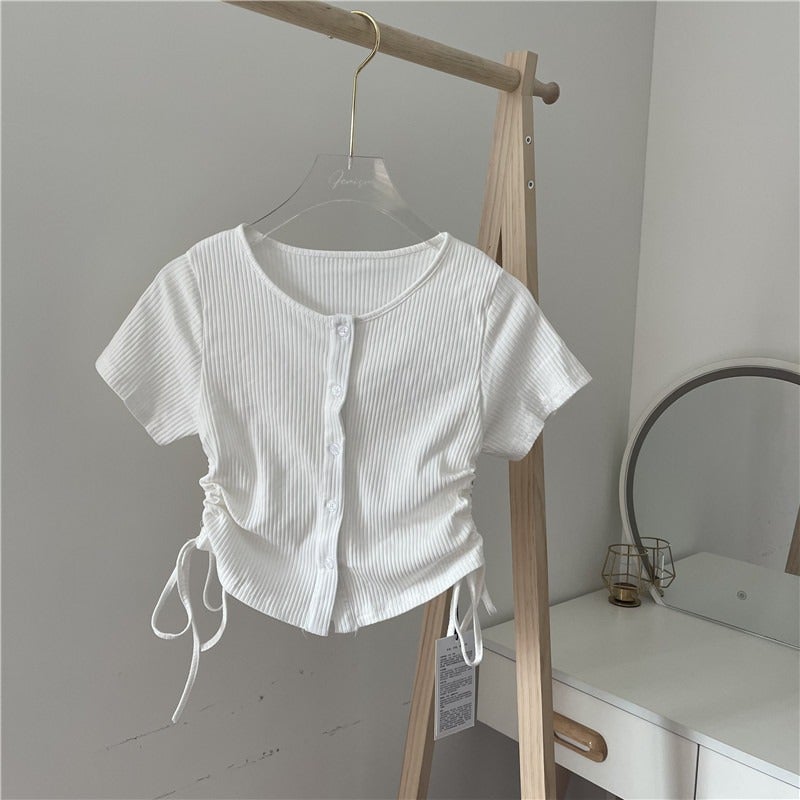 Women's threaded T-shirt summer new drawstring pleated short design sense niche small people wear top foreign trade women - Image 4