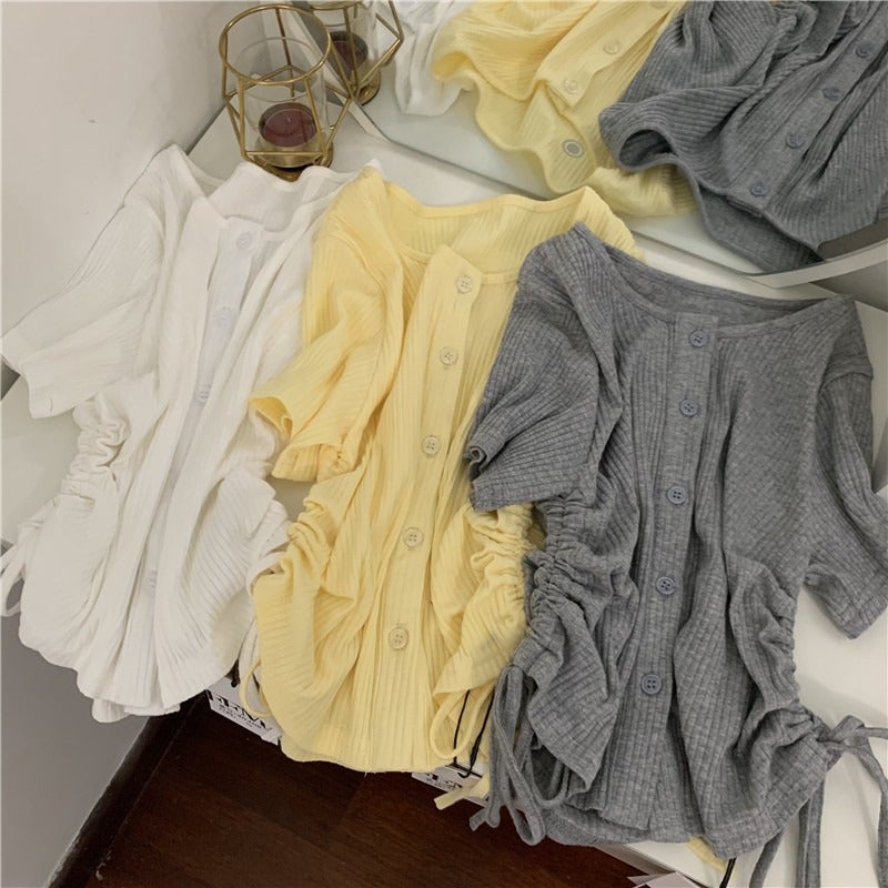 Women's threaded T-shirt summer new drawstring pleated short design sense niche small people wear top foreign trade women - Image 2