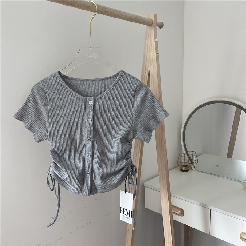 Women's threaded T-shirt summer new drawstring pleated short design sense niche small people wear top foreign trade women - Image 3