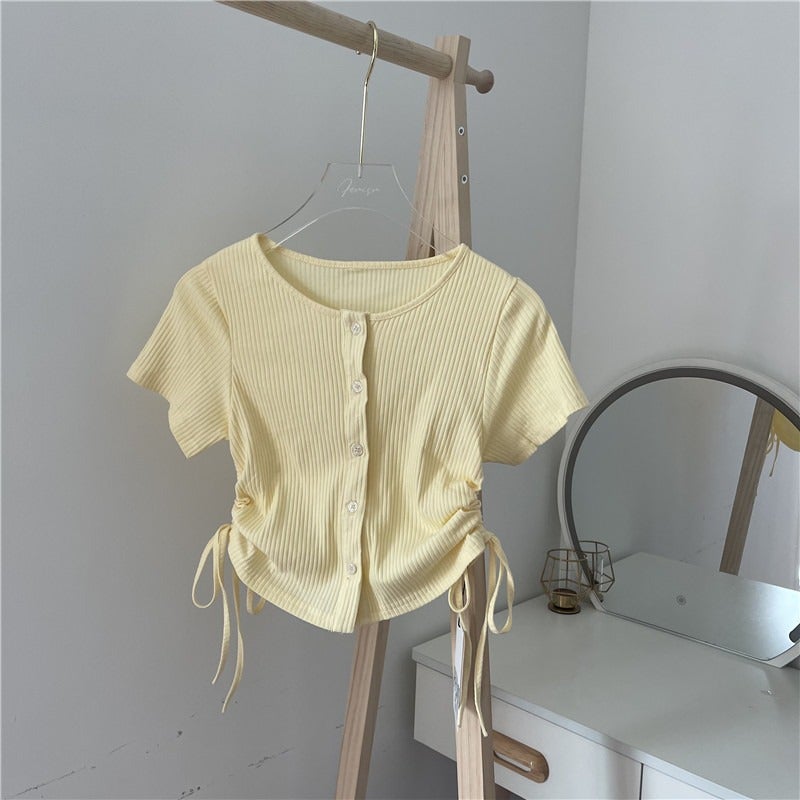Women's threaded T-shirt summer new drawstring pleated short design sense niche small people wear top foreign trade women - Image 5