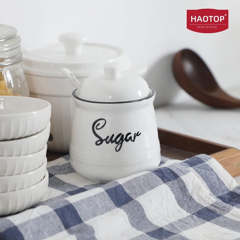 HAOTOP Farmhouse Porcelain Sugar Bowl with Lid and Spoon 12oz ,Easy to Clean (White) - Image 2
