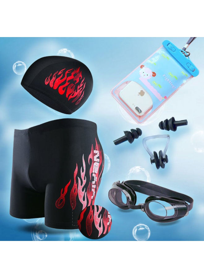 Yiyan Swimming Trunks Men's Flat-angle Hot Spring Quick-drying Beach Pants Plus Size Loose Fashionable Men's Swimming Trunks Swimming Equipment Set-Color:Blue Fire Swimming Trunks Swimming Cap + Mobile Phone Bag-Size:L( 45-55kg )