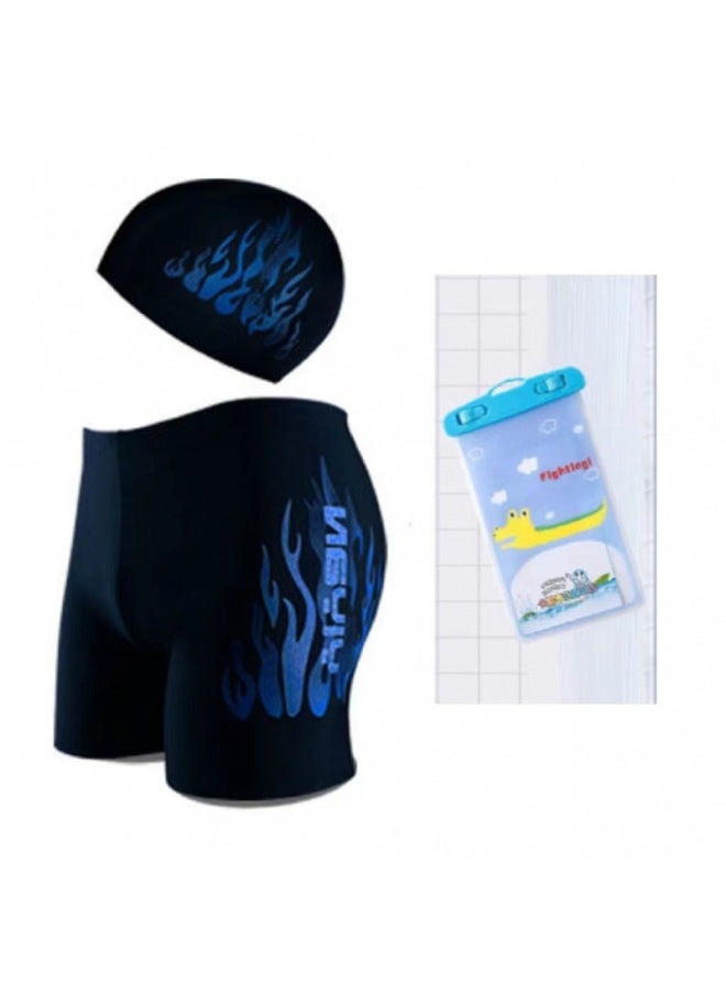 Yiyan Swimming Trunks Men's Flat-angle Hot Spring Quick-drying Beach Pants Plus Size Loose Fashionable Men's Swimming Trunks Swimming Equipment Set-Color:Blue Fire Swimming Trunks Swimming Cap + Mobile Phone Bag-Size:L( 45-55kg )